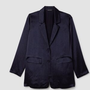 $288 Ink Navy Eileen Fisher Textured Satin Blazer PP Jacket Collared Pockets
